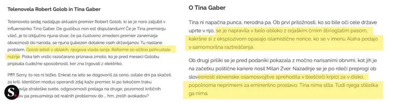 Kopija kolumne o Robertu Golobu in Tini Gaber, ki jo je konec oktobra 2025 v celoti objavil portal Na dlani. Vir: Neuradno.si / Na dlani