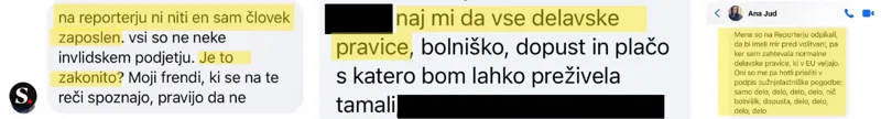 Zaslonski posnetek sporočila, ki naj bi po trditvi Neuradno.si dokazoval delo na črno; portal je dele zakril, da bi zaščitil vir. Vir: Neuradno.si